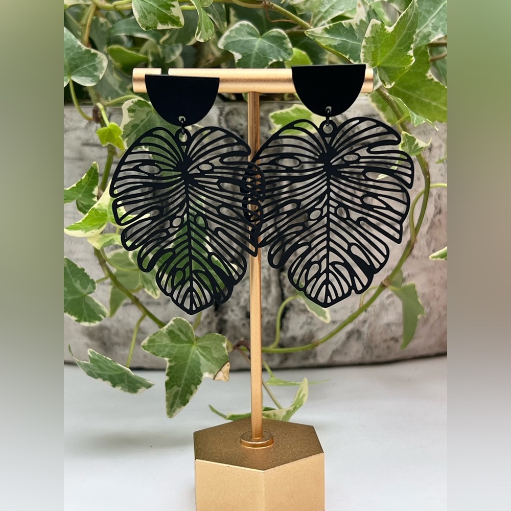 Classic Black Leaf Statement Earrings - Large Boh… - image 6